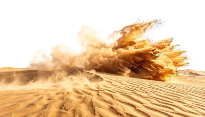 Desert explosion of sand, dunes shimmering under intense sunlight