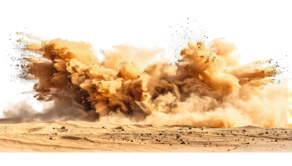 Intense cloud of sand bursts across arid desert landscape
