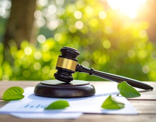 Gavel on paper, leaves, and a wooden surface against a sunny green bokeh