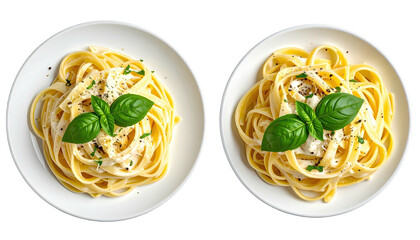 Two bowls of creamy pasta, garnished with basil, on white plates