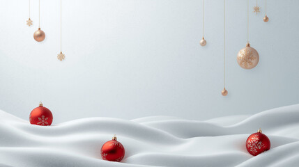 Red Christmas Ornaments Hanging on White Snowy Background - Elegant Holiday Greeting Card Template with Copy Space