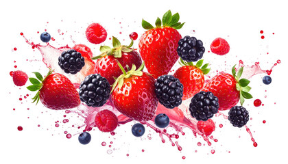 Mixed berries mid-splash; vibrant and fresh