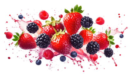 Mixed berries mid-splash; vibrant and fresh