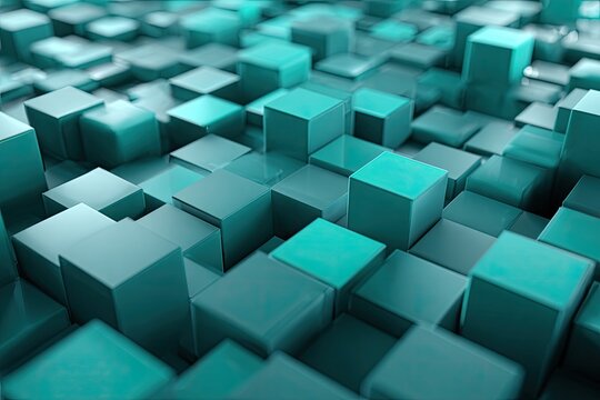Isometric view of a teal-toned array of stacked cubes, reflecting light