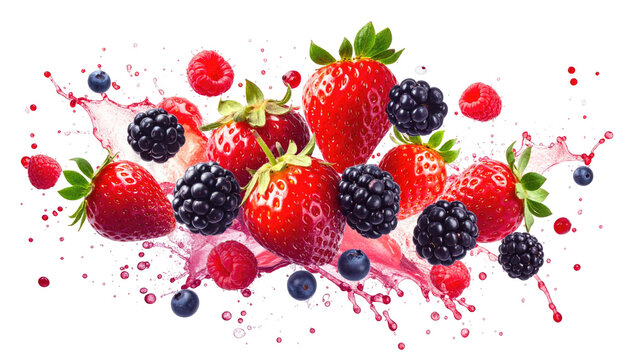 Mixed berries mid-splash; vibrant and fresh
