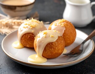 Fried, golden dough balls topped with a creamy white sauce