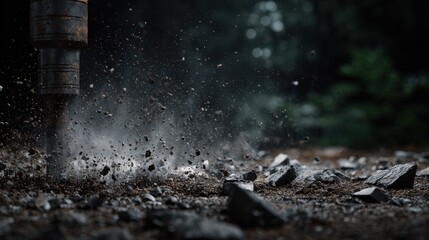 Beautiful photo of modern jackhammer hitting ground, debris exploding, extreme close up, dirt, beautiful, bokeh, soft focus, 4k, cinematography, shallow depth of field, hi def.