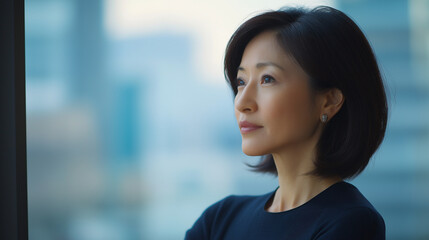 Confident Asian female entrepreneur embodying professionalism and creativity