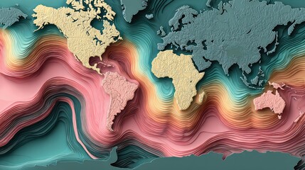 Detailed Topographic World Map with Colorful Contours Depicting Elevation and Landforms Across Continents