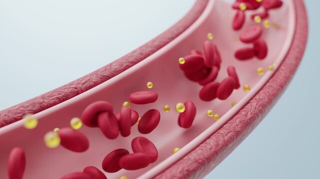 Cholesterol and fatty acid in a bloodstream with red blood cells illustrating the risk of Atherosclerosis 3D rendering
