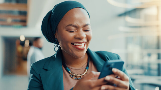 Office, lobby and woman with phone for smile, business trip and online communication. Travel, female person and accommodation review with mobile app for schedule, meeting booking and networking