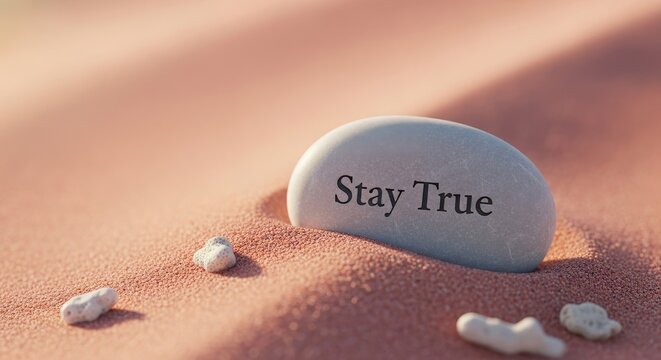 Inspirational stone with Stay True message on a beach setting - Powered by Adobe