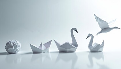 Crumpled paper transforms into a paper boat then into origami swans and finally a bird takes flight. The sequence shows progress growth and a new beginning.