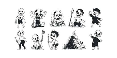 Collection of diverse cartoonish monster boy characters in various poses and actions