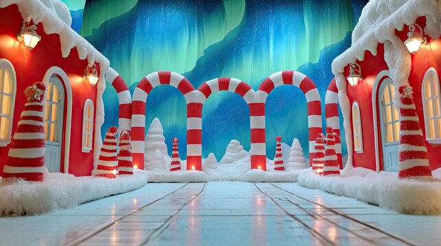 Colorful winter wonderland scene with candy cane decorations and northern lights backdrop
