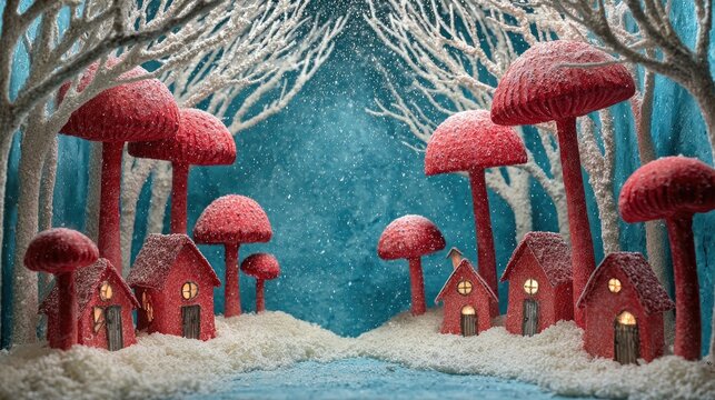 A tranquil winter scene features charming cottages nestled among tall red mushroom trees. Snow blankets the ground, creating a serene atmosphere in a fantasy forest.