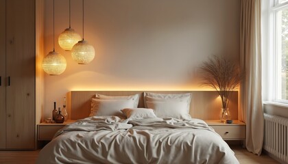 Cozy bedroom with warm pendant lights natural wood accents. Neutral linens soft bed create a relaxing space. Modern home interior design offers comfort in this tranquil scene.