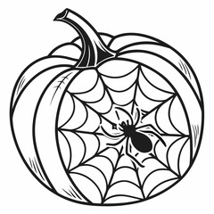 A pumpkin with a spider web and spider
