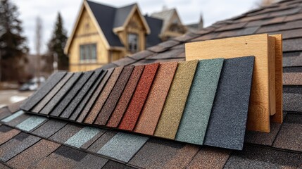 Roof shingle color samples displayed atop shingles on a house rooftop. Illustrates roofing options, home improvement, or construction choices.