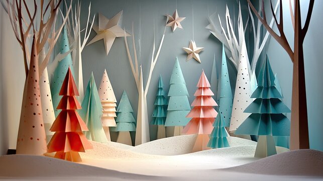 A whimsical paper forest scene features layered trees in shades of pink and blue, surrounded by white snowy ground. Decorative stars hang in the background, creating a festive winter atmosphere.