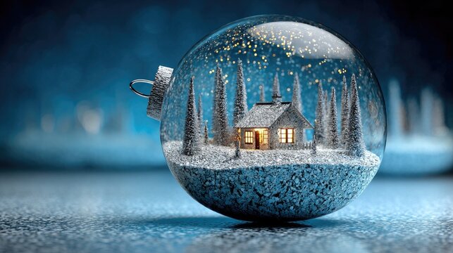 A cozy cottage sits inside a snow globe, illuminated from within. Snowflakes fall gently as evergreen trees surround the scene, creating a peaceful winter atmosphere.