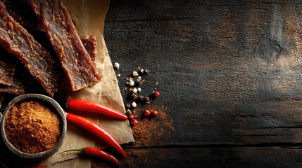 Delicious Dried Meat with Spices, Chili Peppers, and a Rustic Wooden Background for Culinary Promotions