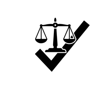 Minimalist silhouette of a balanced justice scale inside a 'Done' or success symbol. Signifying the resolution of crimes and the importance of holding perpetrators accountable