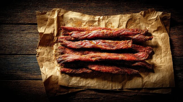 Dried beef jerky strips arranged on crumpled parchment paper for delicious snack presentation and culinary inspiration