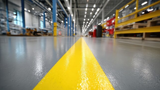 A yellow line on the gray epoxy floor in factory or warehouse. It symbolizes order, safety, or a clearly defined space.