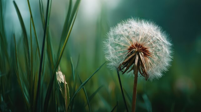 Dandelion Seed Head Surrounded by Green Grass in Soft Natural Light with Gentle Bokeh Effect