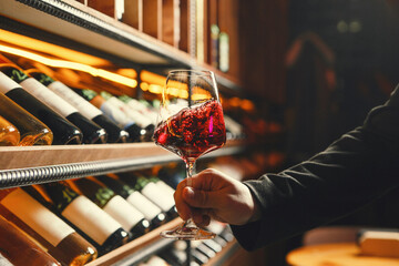 Hand Holding Swirled Red Wineglass by Racks