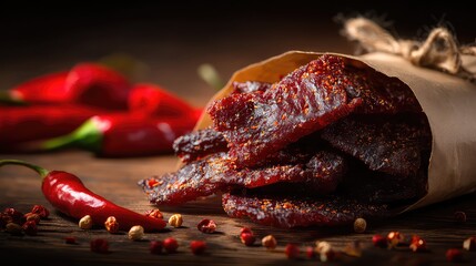 Savory Dried Meat Sticks with Spices and Red Chilies on Wooden Surface in Rustic Setting