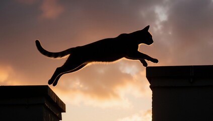 Athletic cat silhouette jumping between rooftops at sunset