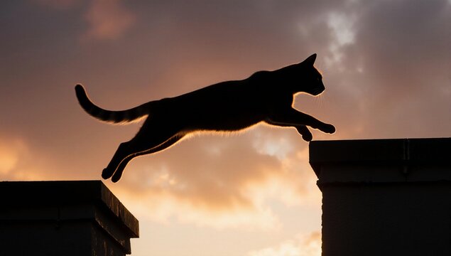 Athletic cat silhouette jumping between rooftops at sunset