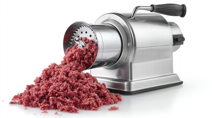 Electric meat grinder with fresh ground beef spilling out on a white background for kitchen and cooking use