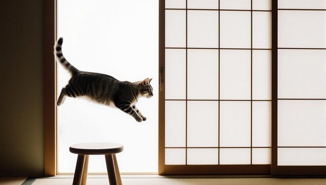 Tabby cat dynamically jumping in a minimalist Japanese-style room