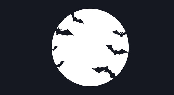 Spooky silhouettes of bats flying across a large, bright full moon on a dark night, perfect for Halloween celebrations and mysterious themes.