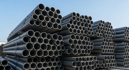 Piles of Steel Pipes Stacked in an Outdoor Construction Site