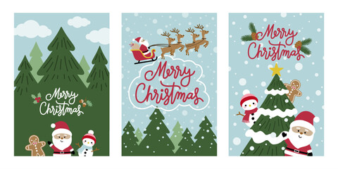 Christmas banner layouts with illustration of cute Santa Claus, snowman, gingerbread man and Christmas trees. Artwork design for card, poster or background in cartoon style.