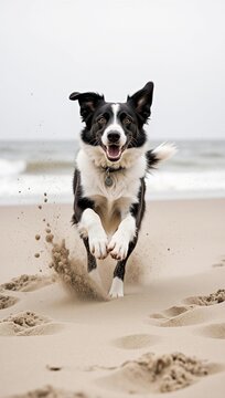 Energetic Border Collie dog joyfully running on a sandy beach