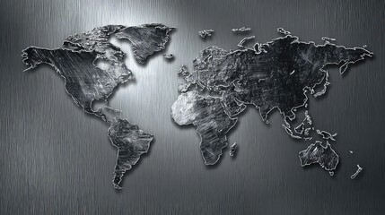 Metallic World Map Design with Textured Background for Modern Global Concept in Metallic Shades