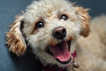 Playful purebred poodle with a joyful expression enjoying its time indoors during the afternoon