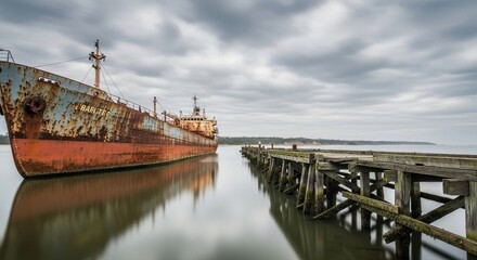 Rusty abandoned ship and decaying pier in calm water under cloudy sky