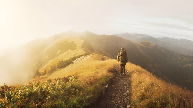 footstep. Lone traveler with backpack on narrow misty mountain trail. tourism brochures, itinerary planners, destination guides, designed for travel destination branding, used by travel agents.