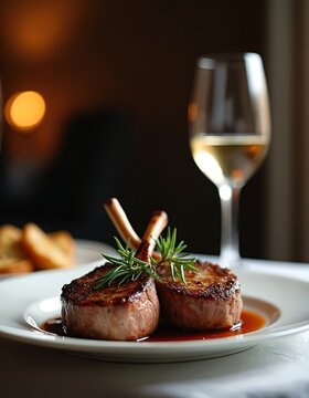 Close up photo of elegant lamb chops with rosemary garnish. Dish presents on white plate with sauce. Wine glass blurred in background. Restaurant setting.