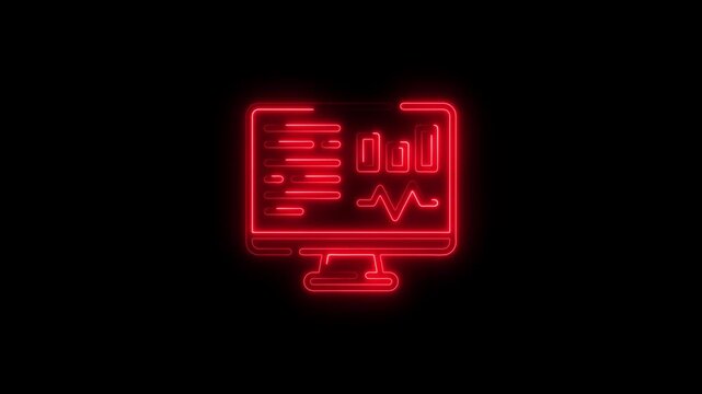 Neon Red Computer Monitor with Charts Icon on Black Background screen data