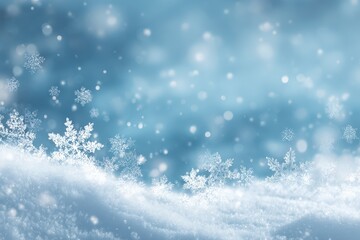Naklejka premium Snowflakes gently fall over a serene blue winter landscape, creating a peaceful atmosphere filled with joy and tranquility during the cold season
