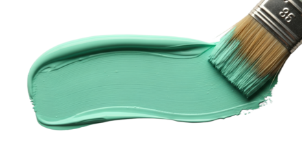 Close up of a paint brush with green paint creating a smooth stroke isolated on transparent background
