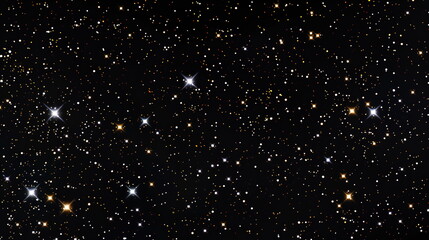 Realistic black background with stars, sky and a dark starry night sky with small yellow and blue dots scattered bright white light particles. The camera captures a panoramic view of endless expanse