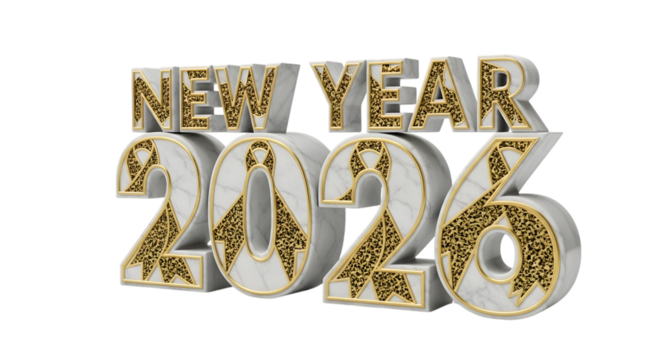 New year 2026 text with ornate gold pattern isolated on transparent background